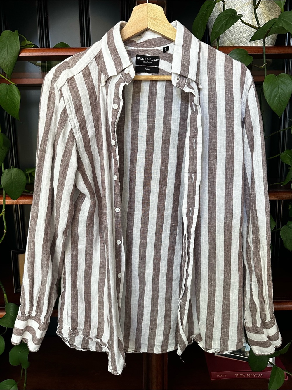 Spier Mackay 100% Linen Brown White Striped Shirt